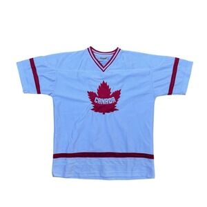Impressions Canada White Jersey Maple Leaf Red Trim V-Neck Size M